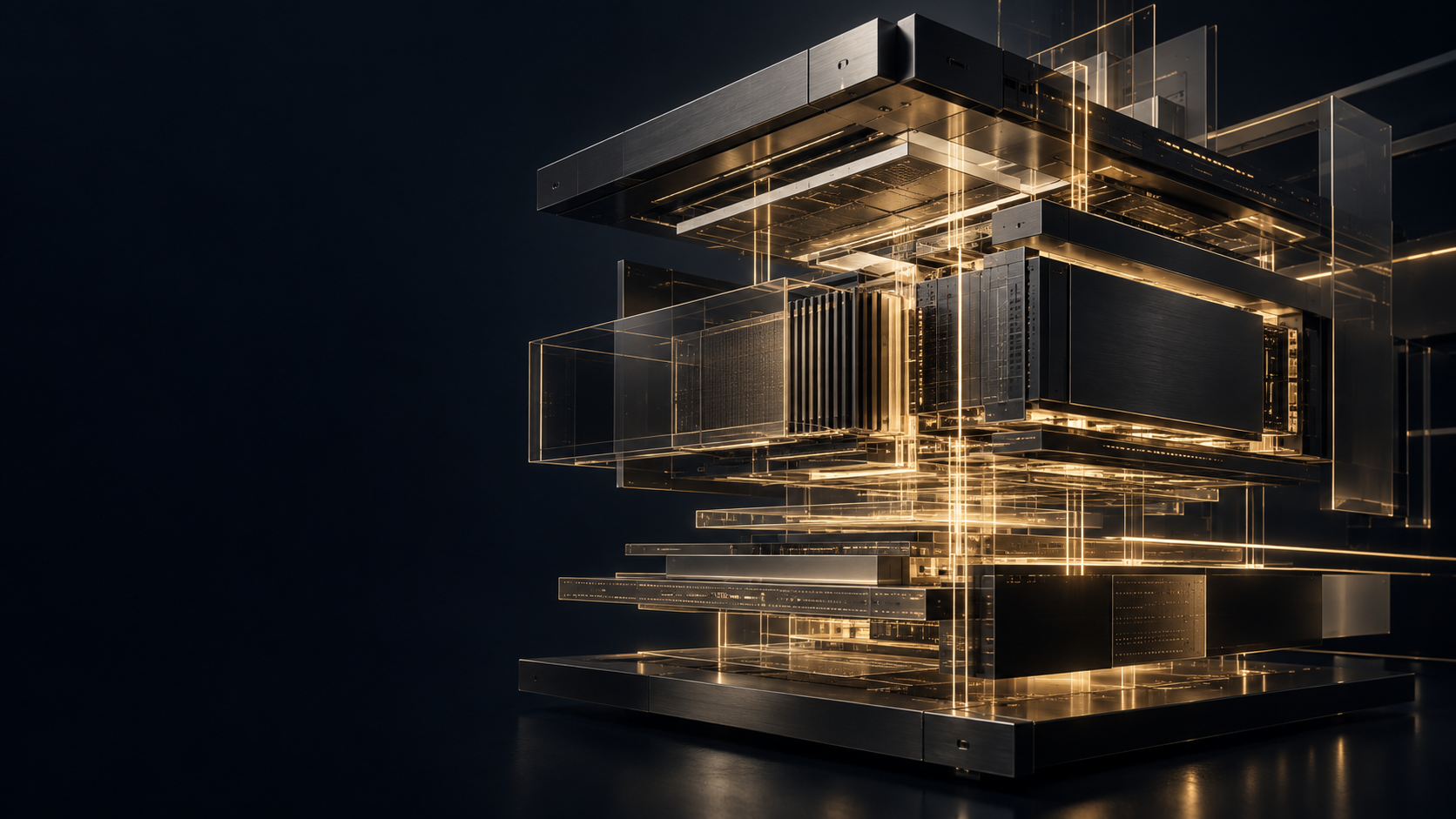 Exploded-view computational core with precision metal and glass layers